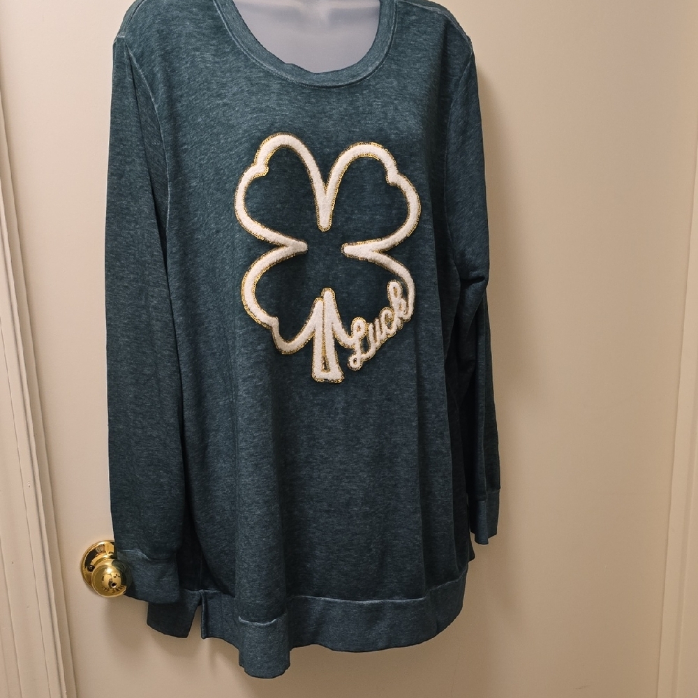 Lane Bryant Teal Long Sleeve Tee with Shamrock Design